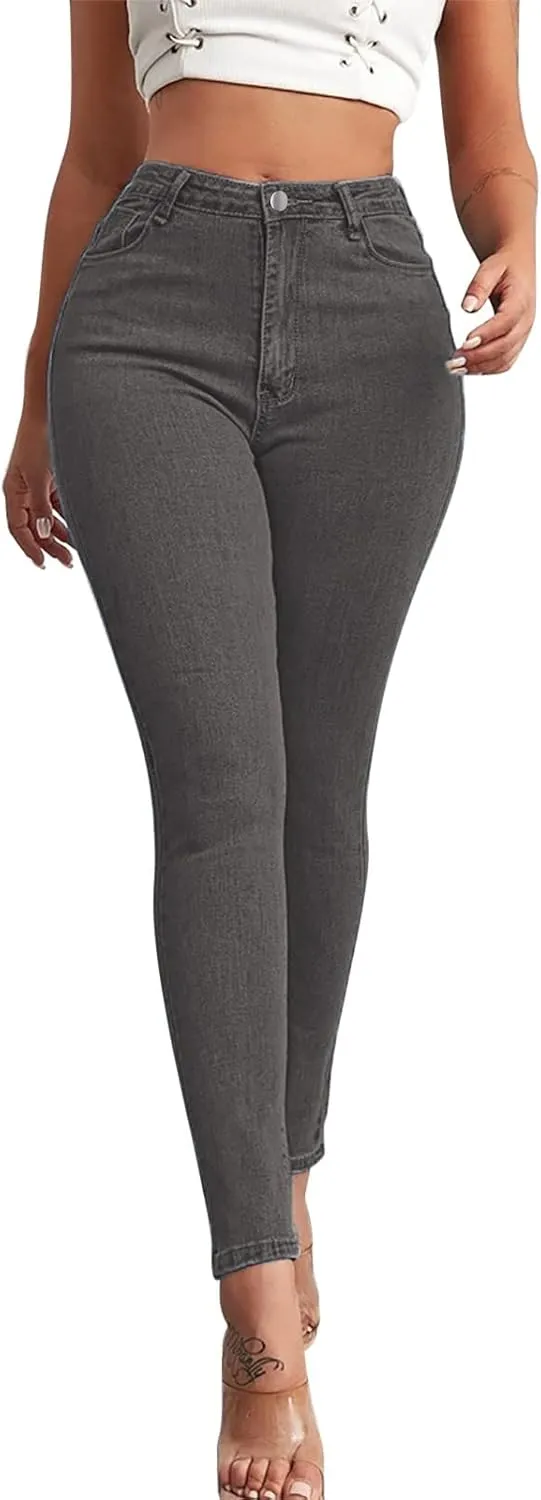 Women Slim High Waist Pencil Pants Button Sexy Skinny Jeans Pants with Pockets Trendy Comfy Stretchy Denim Trousers