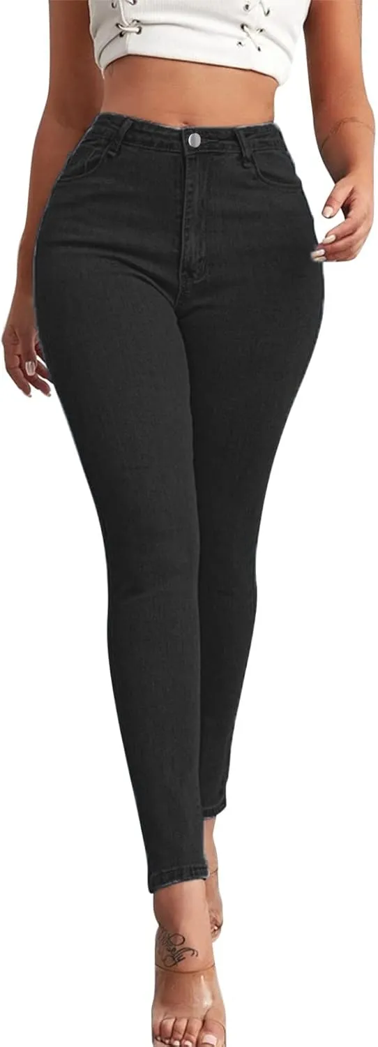 Women Slim High Waist Pencil Pants Button Sexy Skinny Jeans Pants with Pockets Trendy Comfy Stretchy Denim Trousers