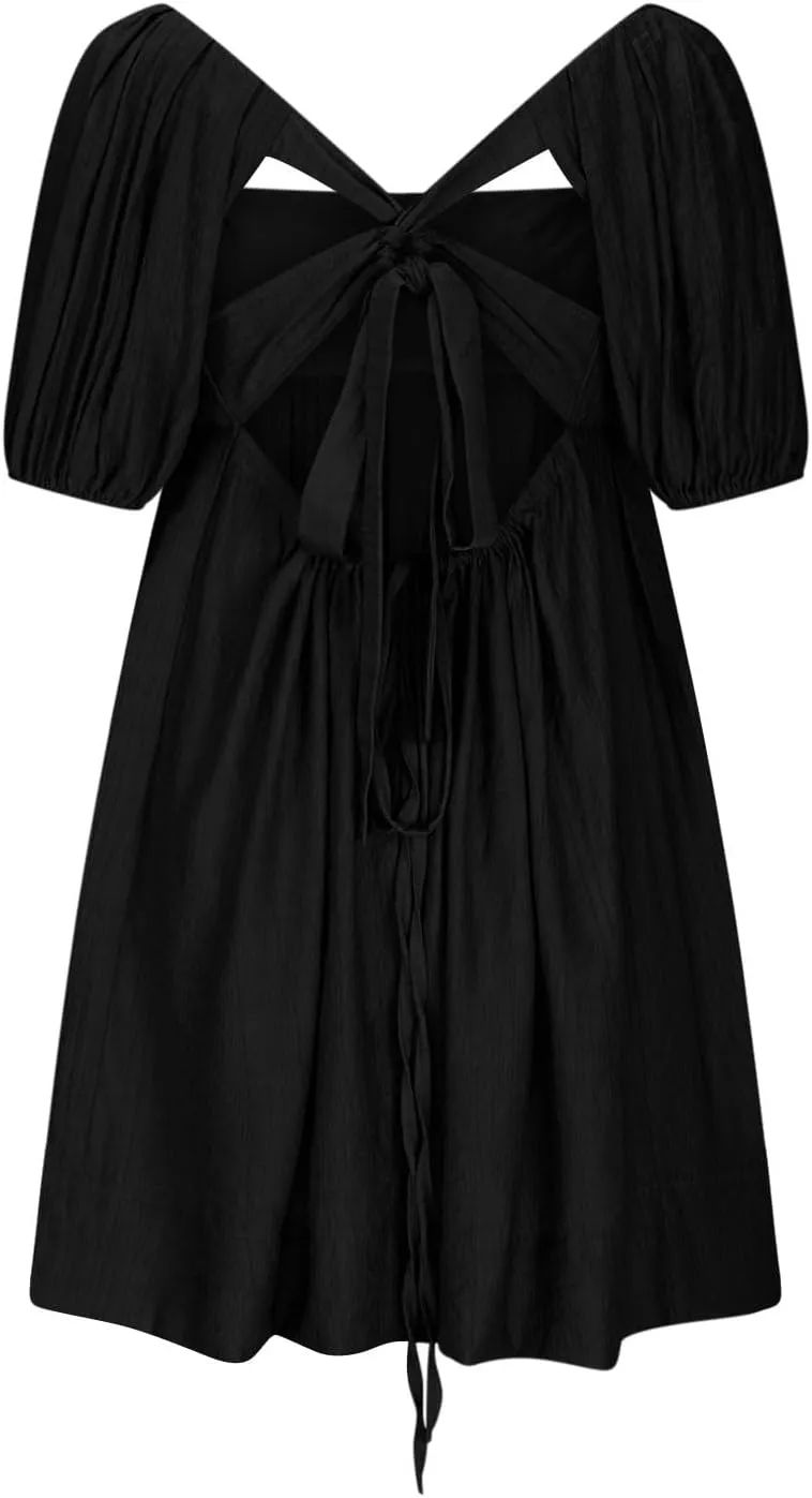 Women Summer Tunic Dress Square Neck Lantern Short Sleeve Tie Backless Pleated Ruffle A-Line Party Mini Short Dress