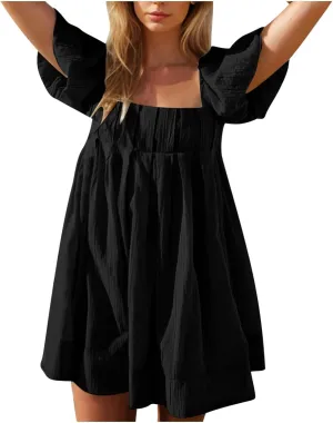 Women Summer Tunic Dress Square Neck Lantern Short Sleeve Tie Backless Pleated Ruffle A-Line Party Mini Short Dress