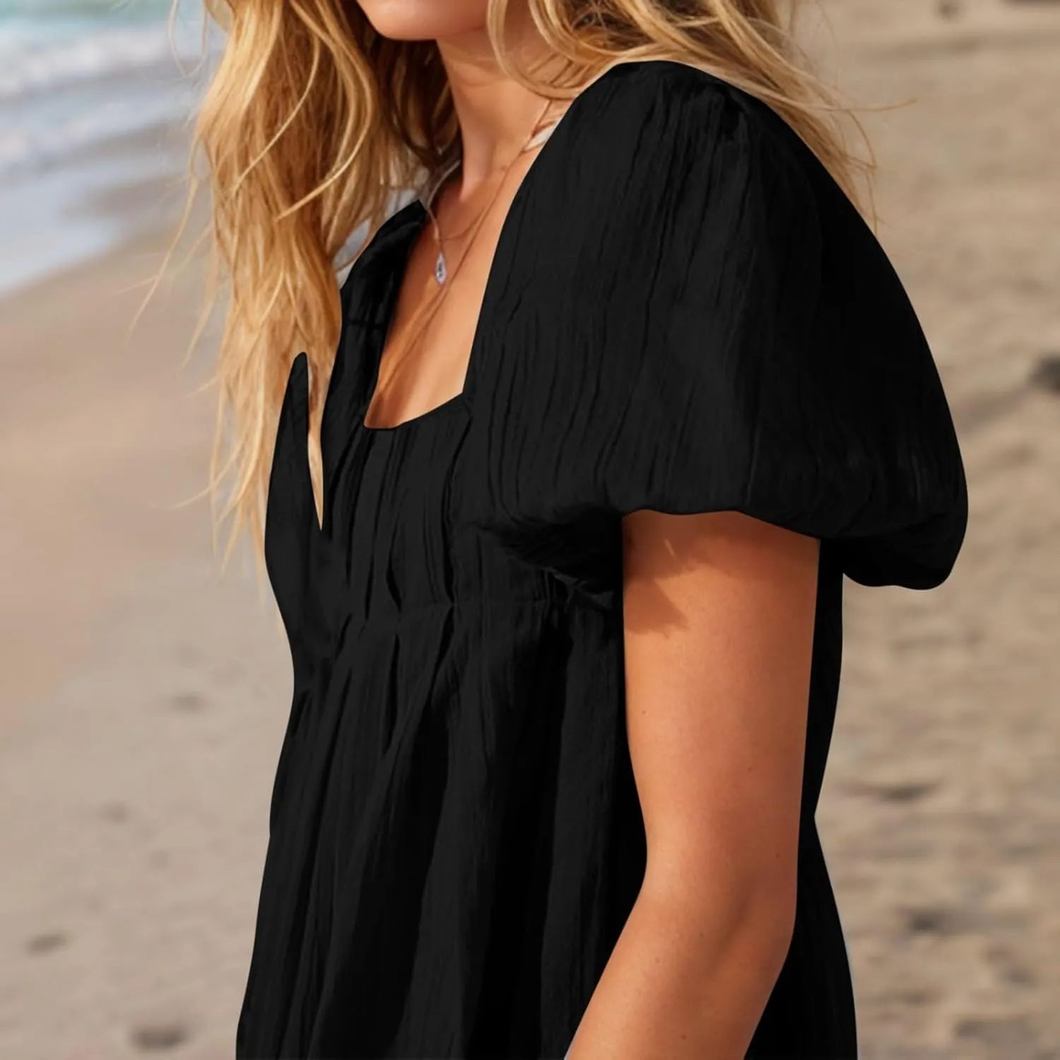 Women Summer Tunic Dress Square Neck Lantern Short Sleeve Tie Backless Pleated Ruffle A-Line Party Mini Short Dress