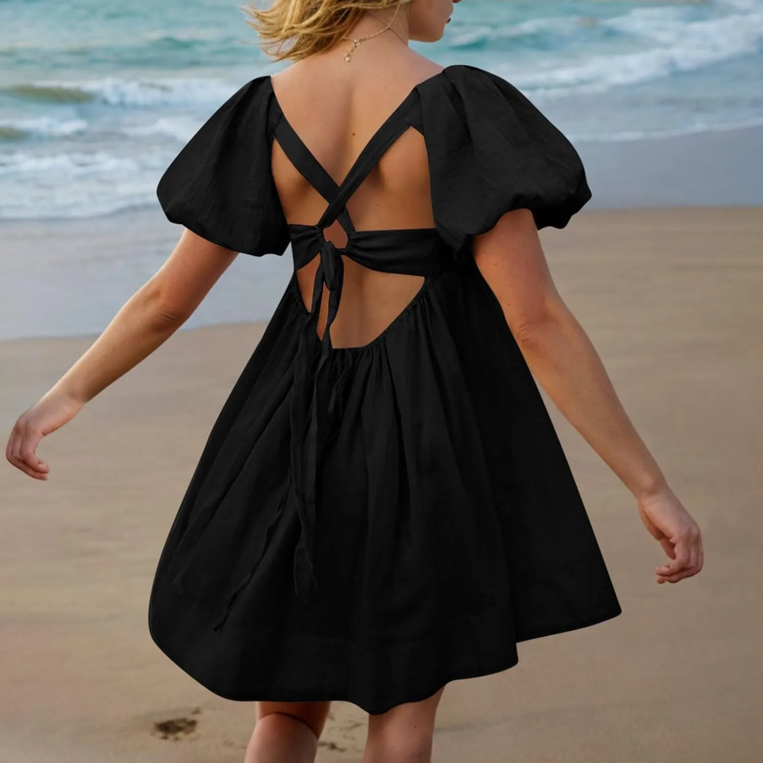 Women Summer Tunic Dress Square Neck Lantern Short Sleeve Tie Backless Pleated Ruffle A-Line Party Mini Short Dress
