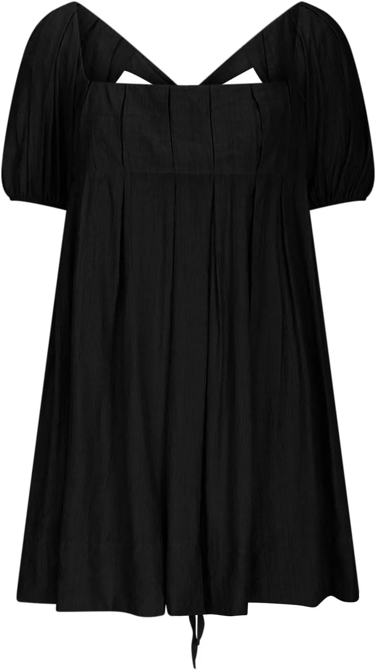 Women Summer Tunic Dress Square Neck Lantern Short Sleeve Tie Backless Pleated Ruffle A-Line Party Mini Short Dress