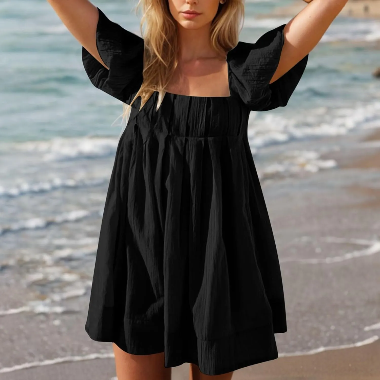 Women Summer Tunic Dress Square Neck Lantern Short Sleeve Tie Backless Pleated Ruffle A-Line Party Mini Short Dress