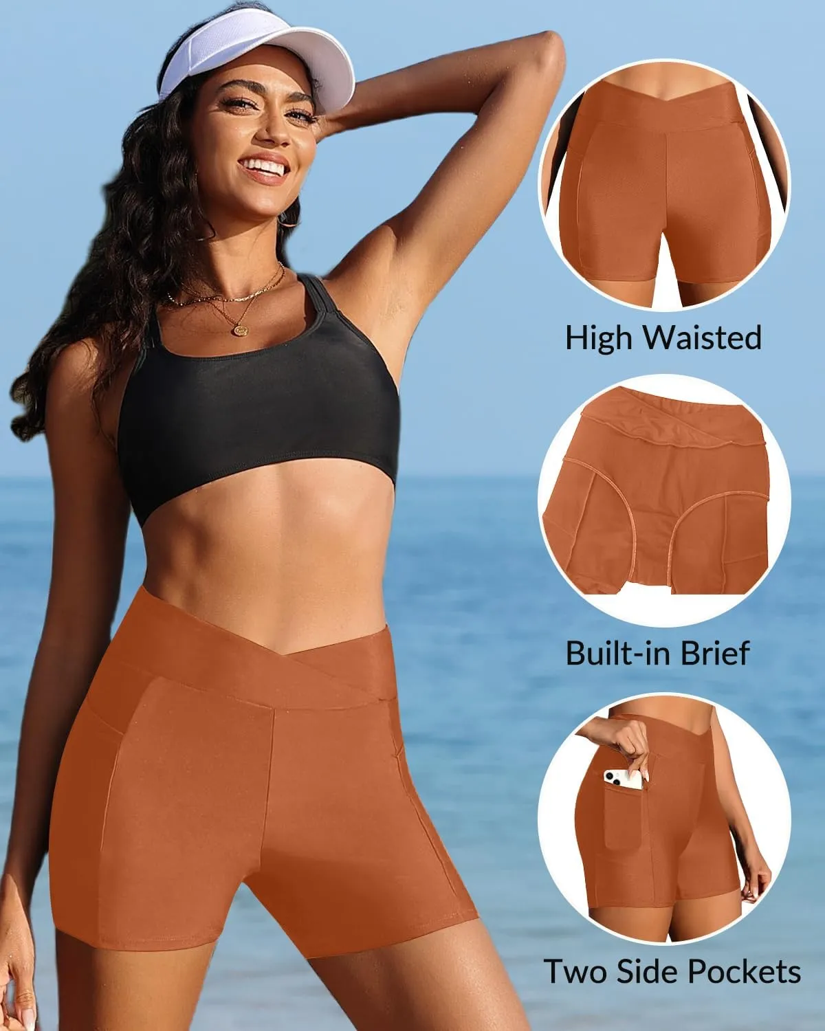 Women Swim Shorts - 4" High Waisted Swimsuit Bottoms Tummy Control 2025 Boy Shorts with Pocket