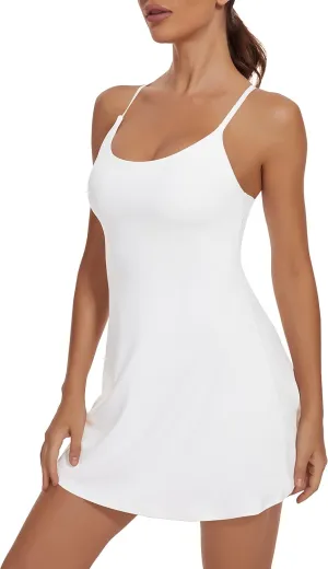 Women Workout Tennis Dress with Built-in Bra Shorts, Adjustable Cross Shoulder Straps with Pockets