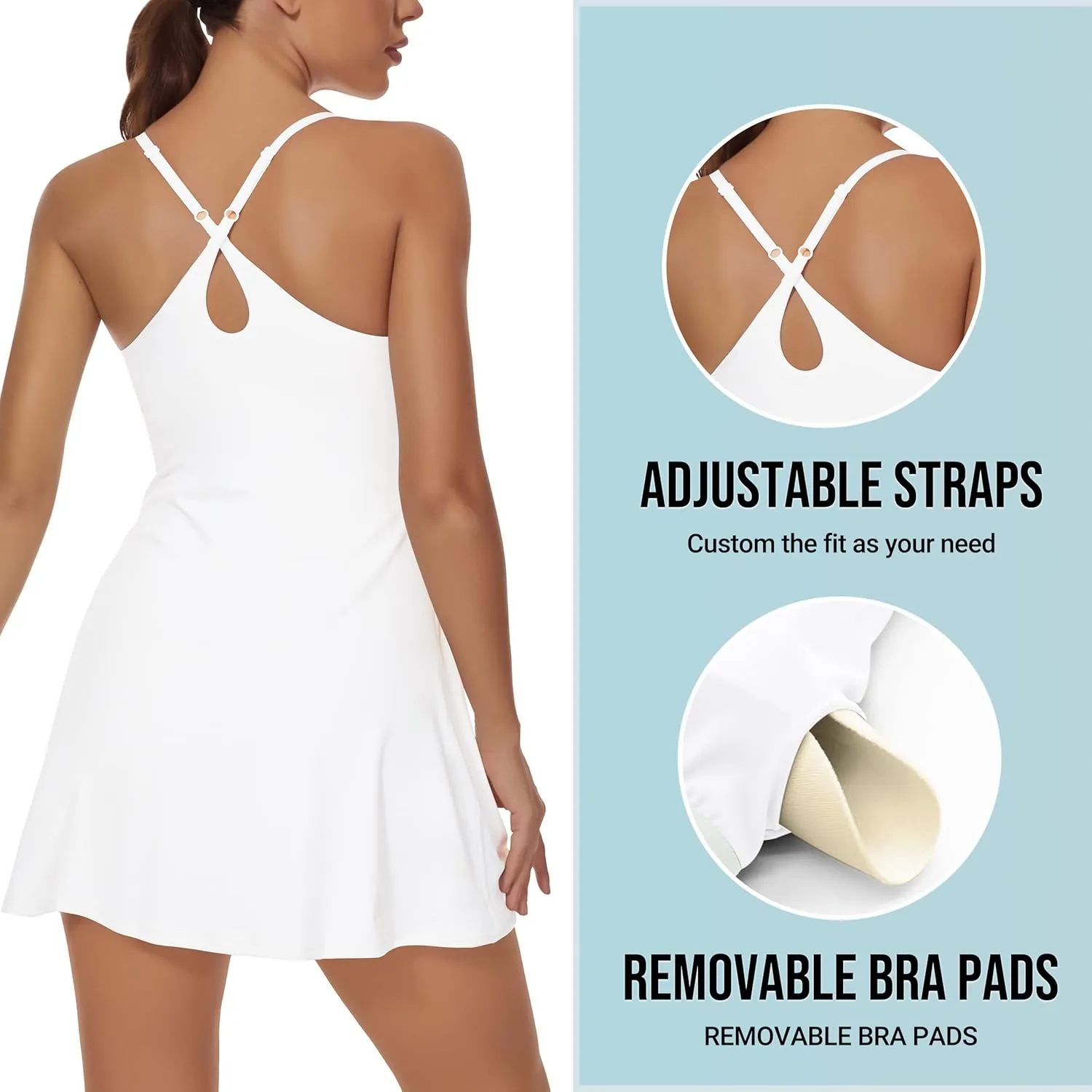 Women Workout Tennis Dress with Built-in Bra Shorts, Adjustable Cross Shoulder Straps with Pockets