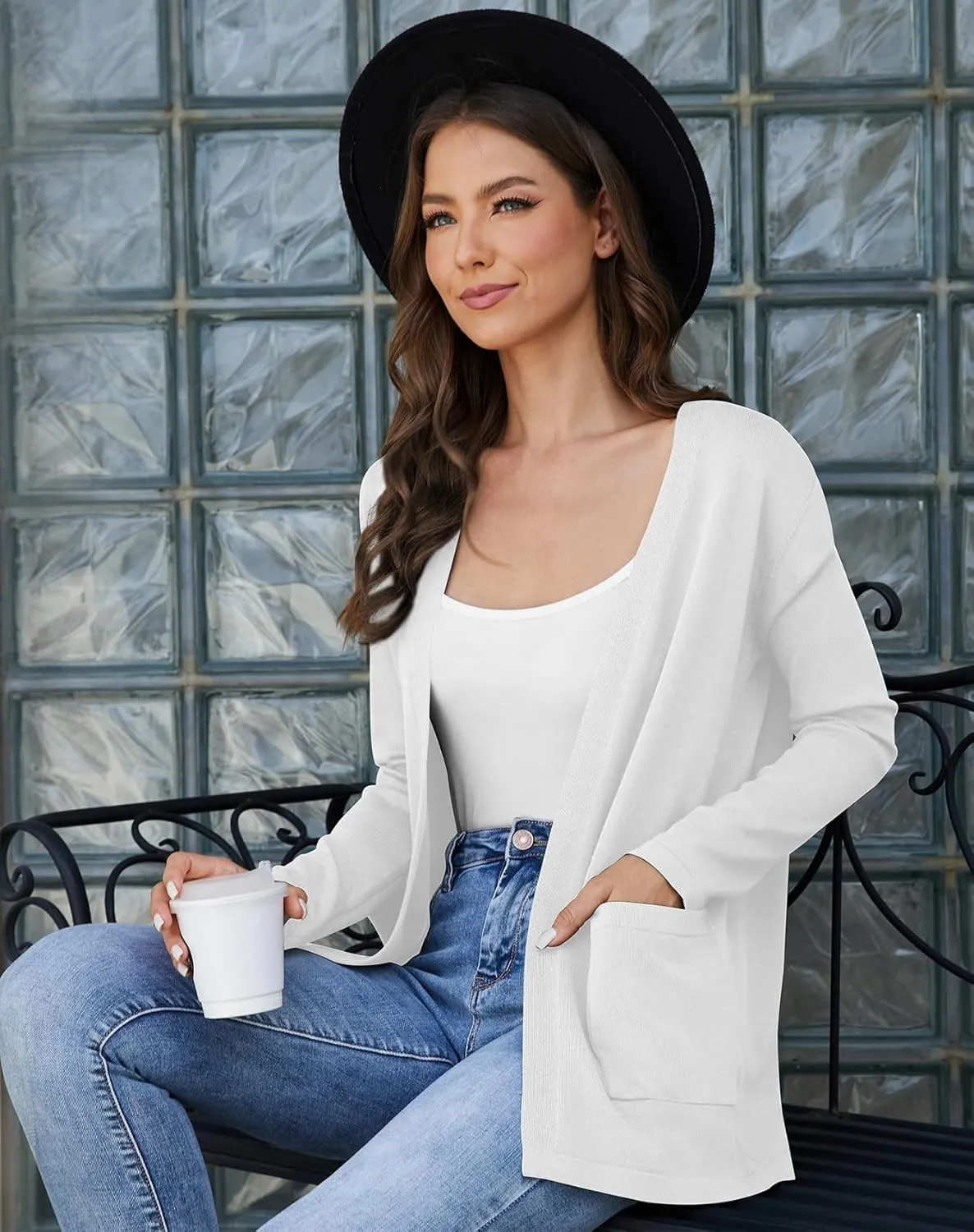 Womens 2024 Opening Cardigan Sweater Lightweight Cardigan Sweater Coat with Pocket Office Coat
