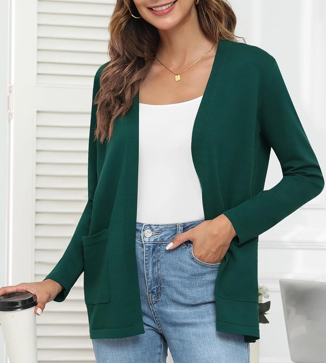 Womens 2024 Opening Cardigan Sweater Lightweight Cardigan Sweater Coat with Pocket Office Coat