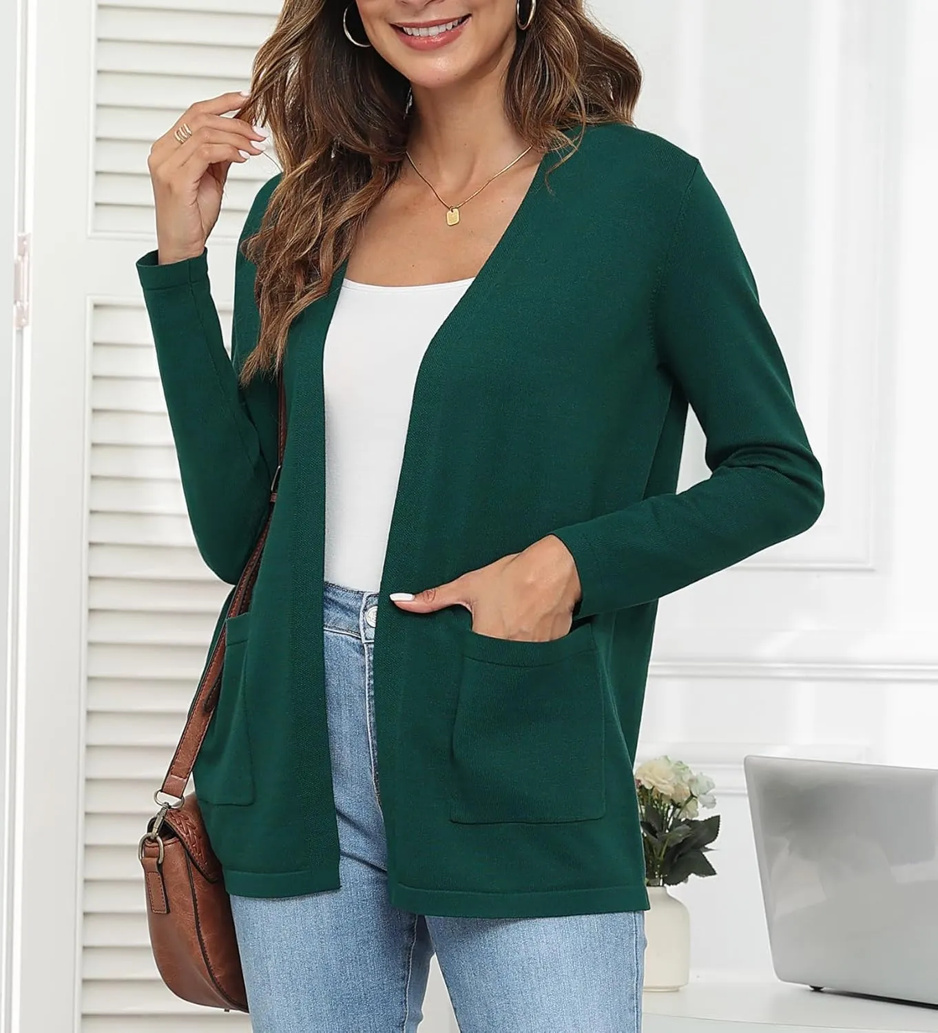 Womens 2024 Opening Cardigan Sweater Lightweight Cardigan Sweater Coat with Pocket Office Coat