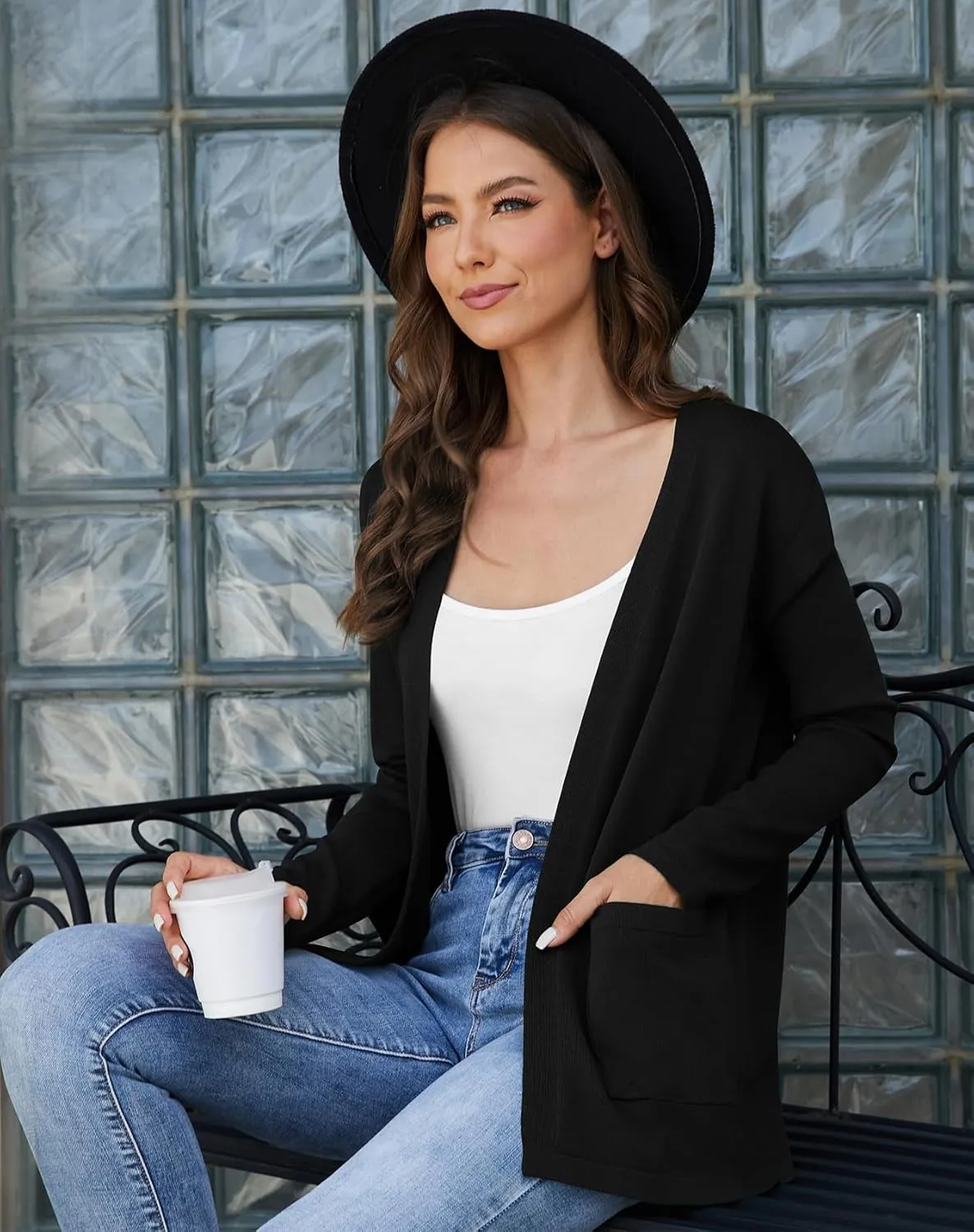 Womens 2024 Opening Cardigan Sweater Lightweight Cardigan Sweater Coat with Pocket Office Coat