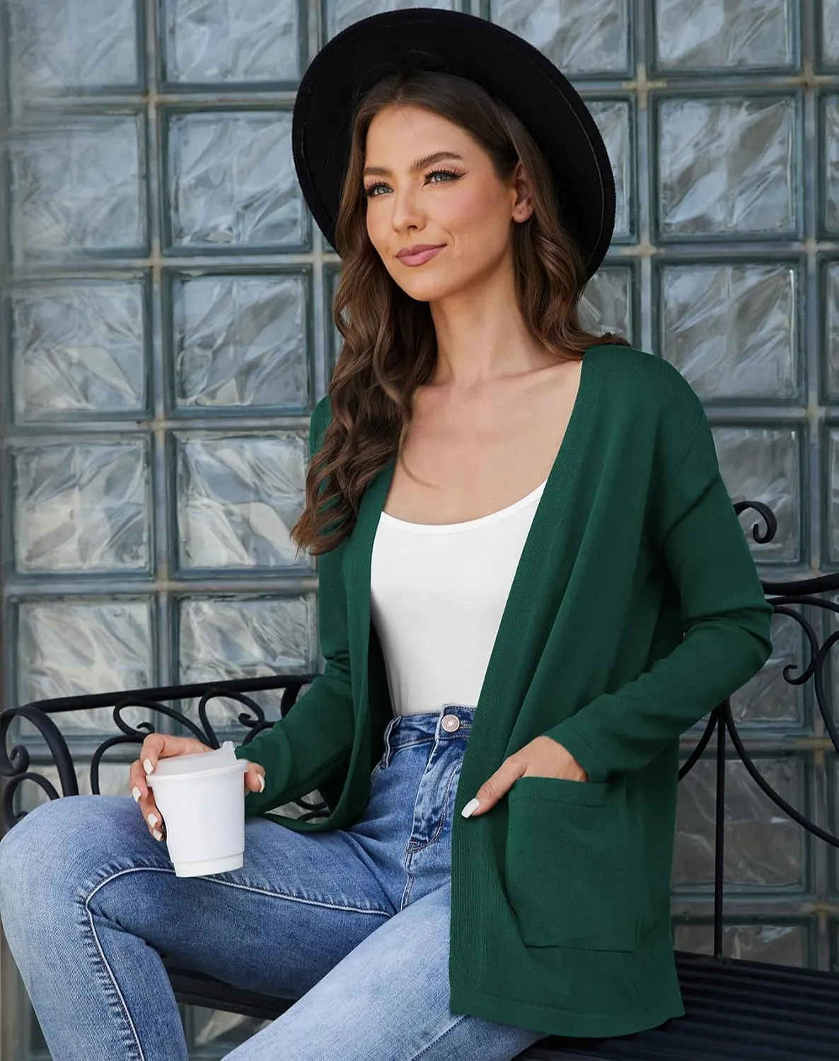 Womens 2024 Opening Cardigan Sweater Lightweight Cardigan Sweater Coat with Pocket Office Coat