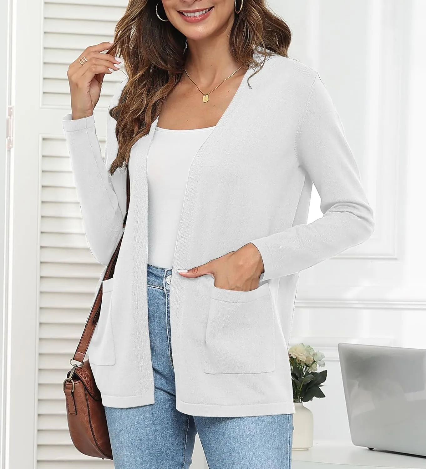 Womens 2024 Opening Cardigan Sweater Lightweight Cardigan Sweater Coat with Pocket Office Coat