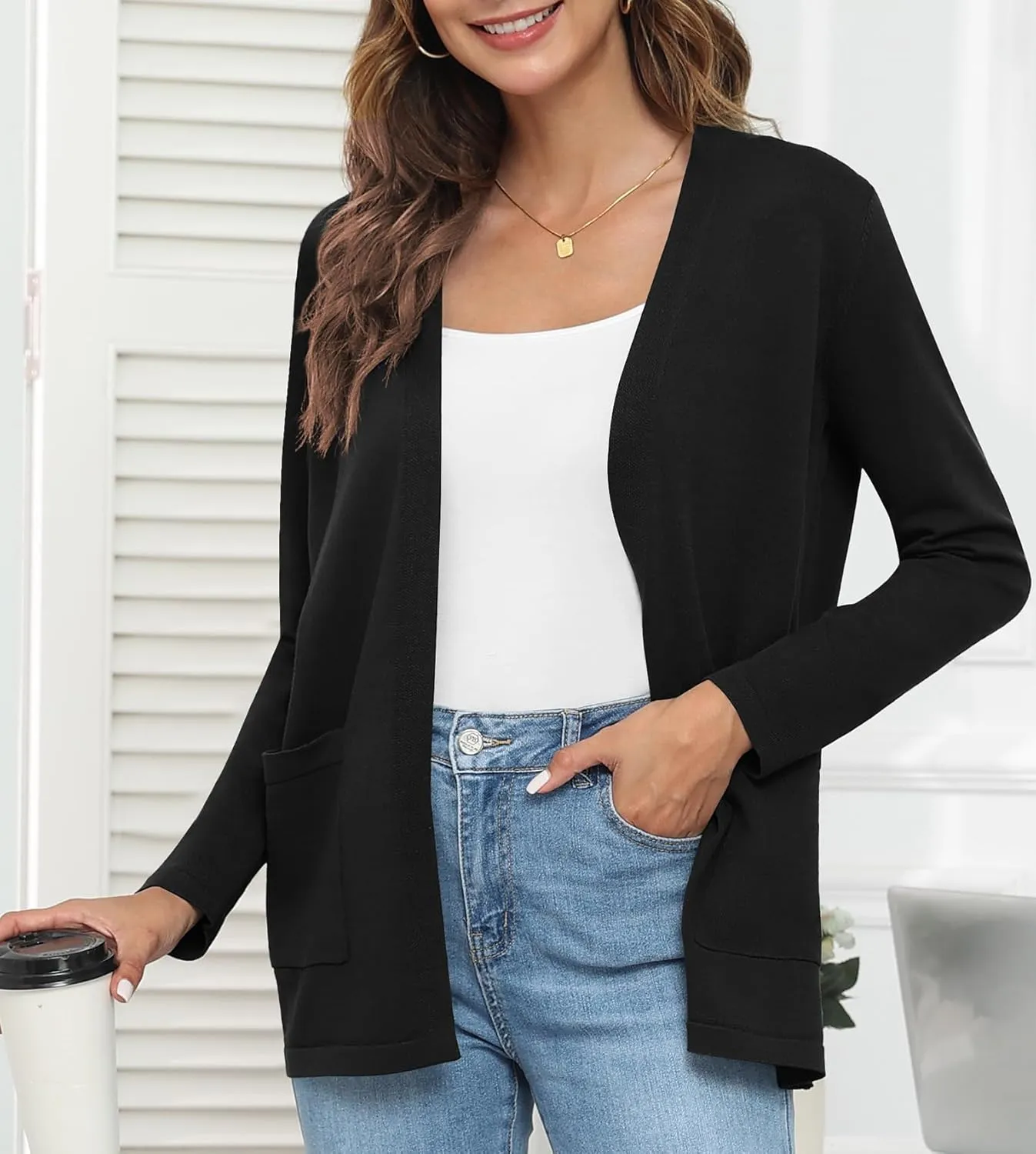Womens 2024 Opening Cardigan Sweater Lightweight Cardigan Sweater Coat with Pocket Office Coat