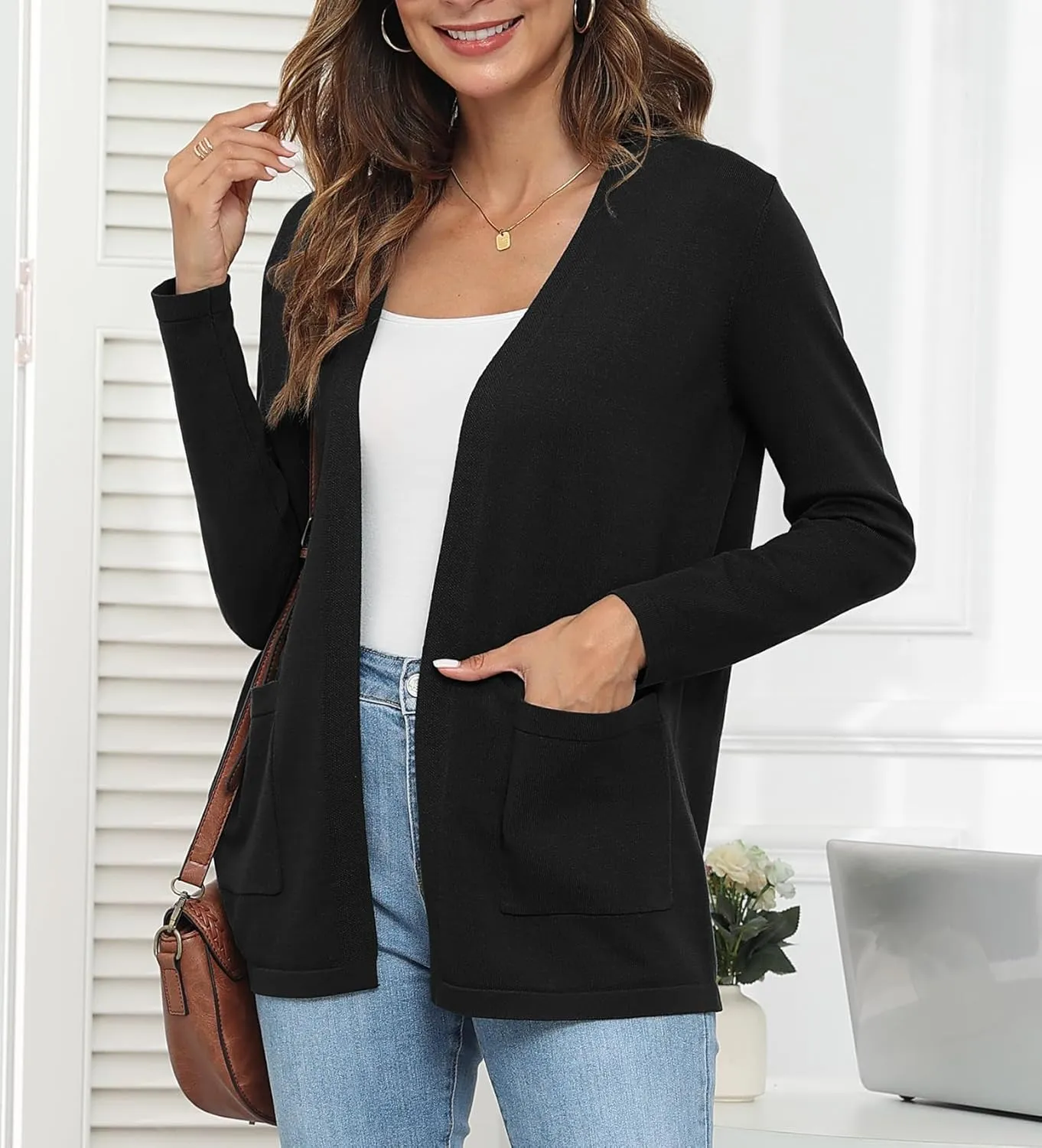 Womens 2024 Opening Cardigan Sweater Lightweight Cardigan Sweater Coat with Pocket Office Coat