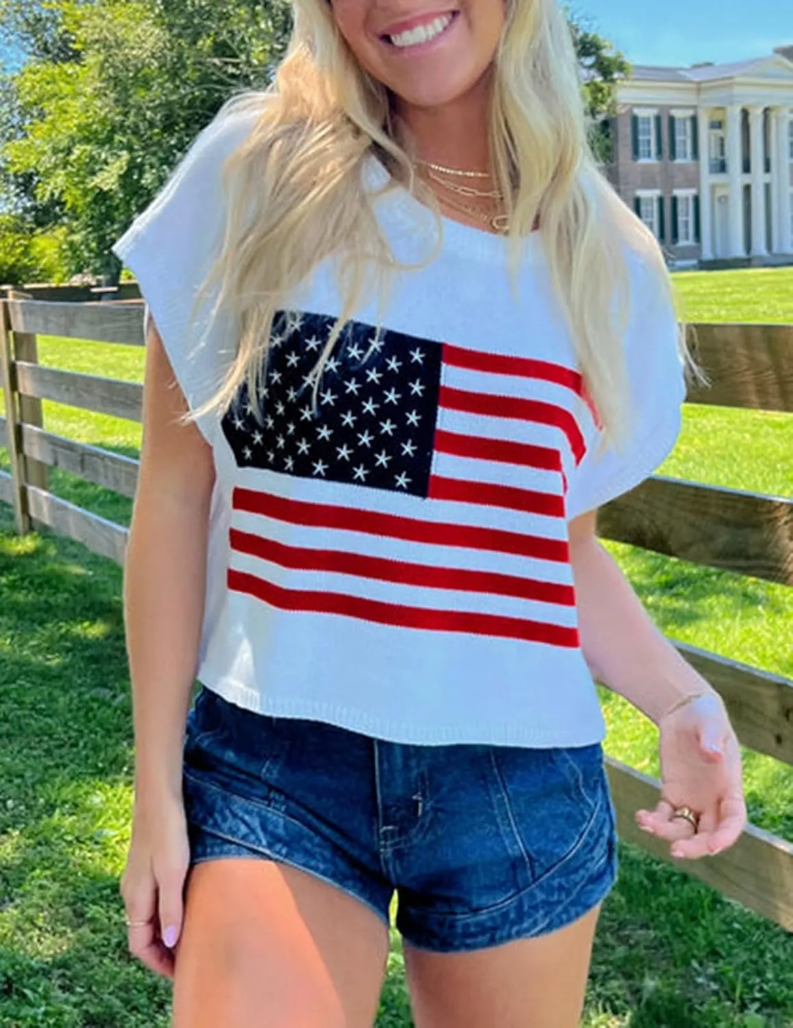 Womens American Flag Sweater Cap Sleeve Summer Crop Tops Crew Neck Loose Fit Knit Sweater Pullover Top