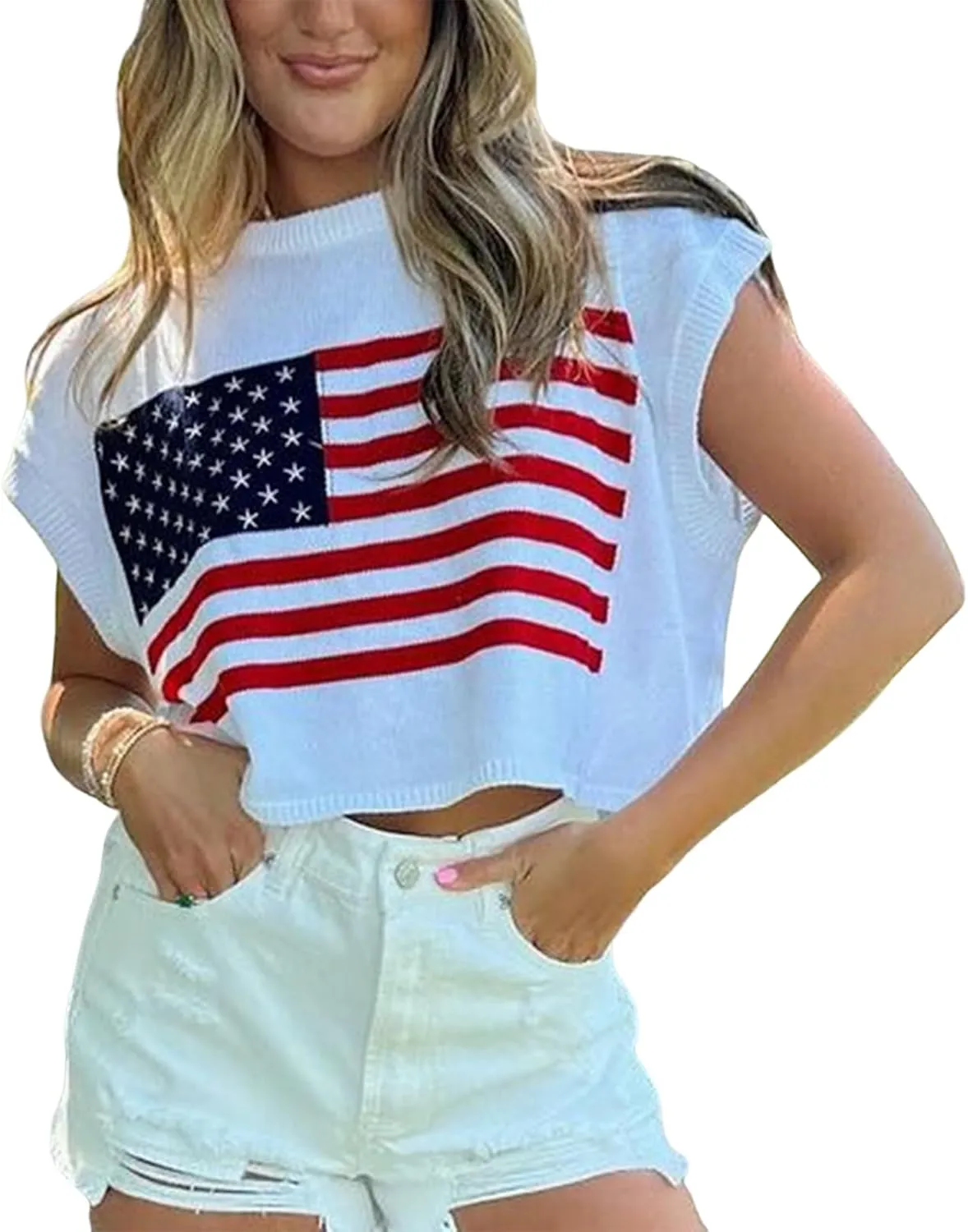 Womens American Flag Sweater Cap Sleeve Summer Crop Tops Crew Neck Loose Fit Knit Sweater Pullover Top