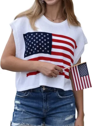 Womens American Flag Sweater Cap Sleeve Summer Crop Tops Crew Neck Loose Fit Knit Sweater Pullover Top