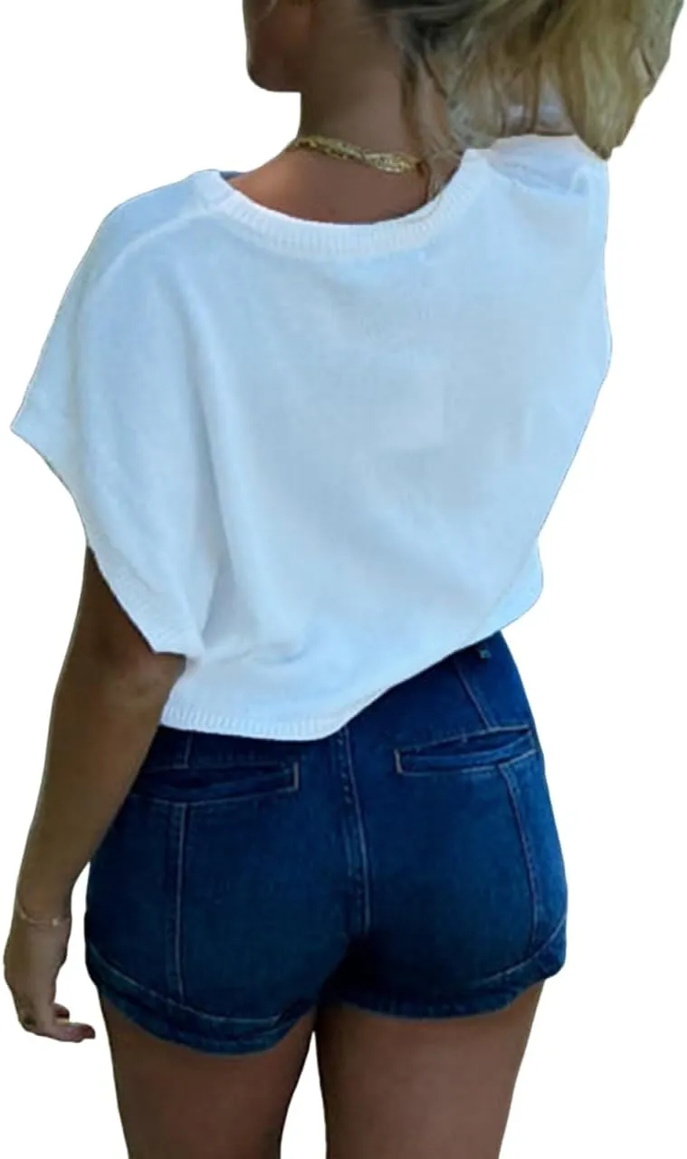 Womens American Flag Sweater Cap Sleeve Summer Crop Tops Crew Neck Loose Fit Knit Sweater Pullover Top