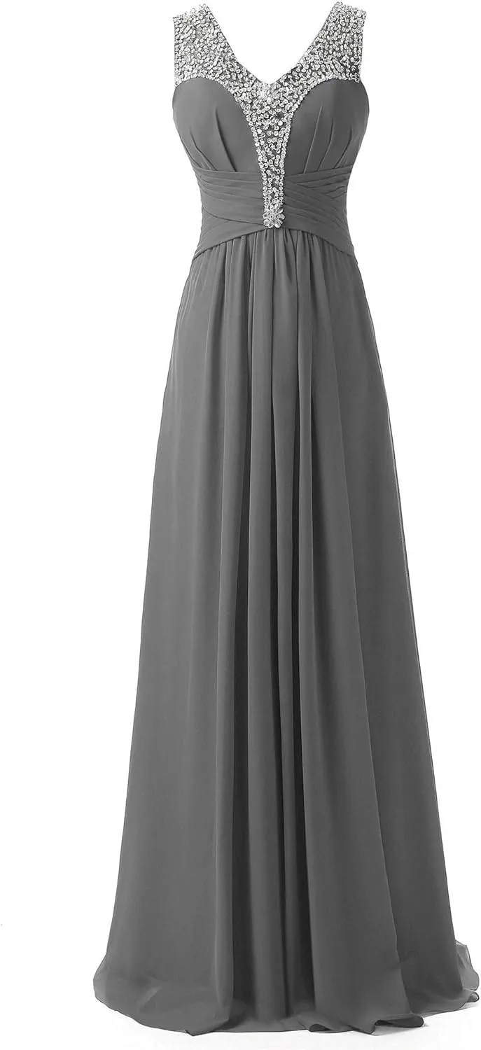 Women's Beaded V Neck Chiffon Prom Evening Dress Bridesmaid Dresses