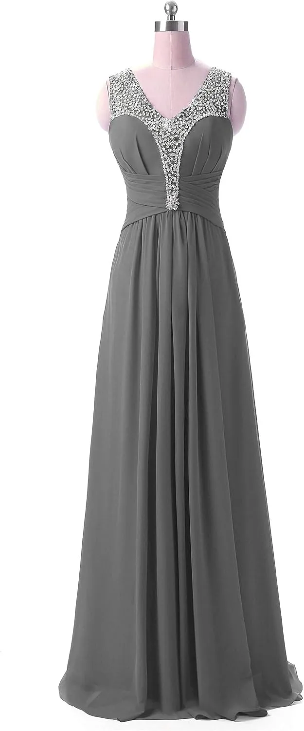 Women's Beaded V Neck Chiffon Prom Evening Dress Bridesmaid Dresses
