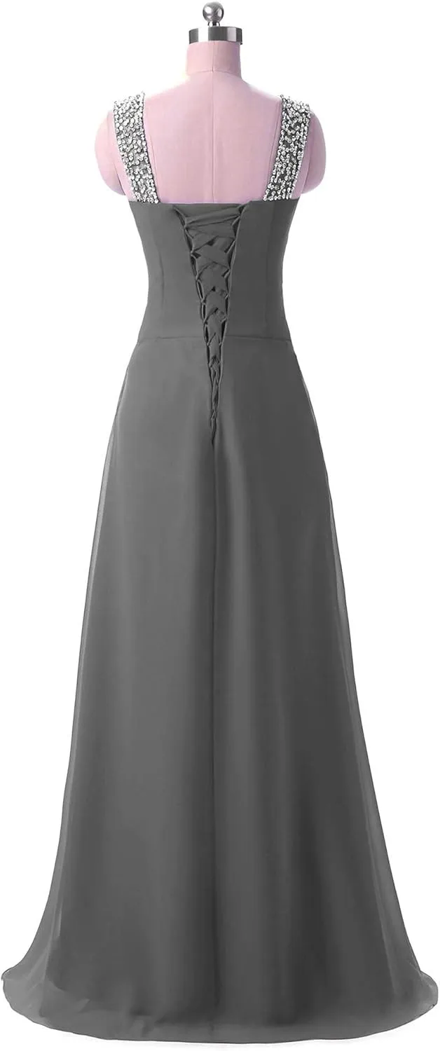 Women's Beaded V Neck Chiffon Prom Evening Dress Bridesmaid Dresses