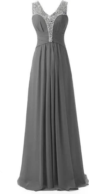 Women's Beaded V Neck Chiffon Prom Evening Dress Bridesmaid Dresses
