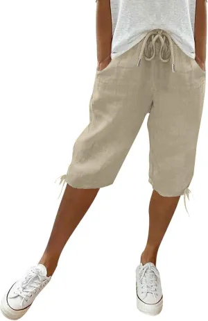 Womens Bermuda Shorts Cotton Linen Knee Length Elastic Waist Drawstring Capris Loose Beach Shorts with Pockets
