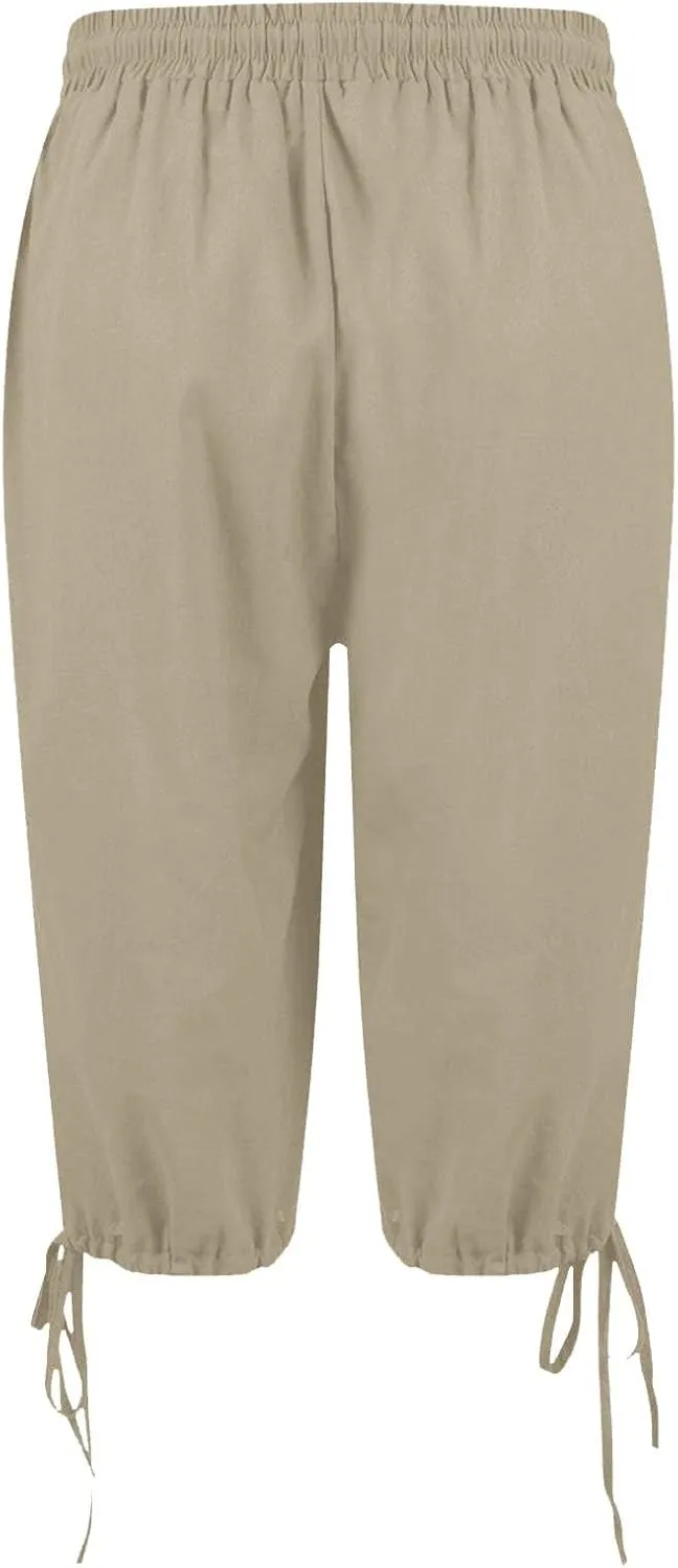 Womens Bermuda Shorts Cotton Linen Knee Length Elastic Waist Drawstring Capris Loose Beach Shorts with Pockets