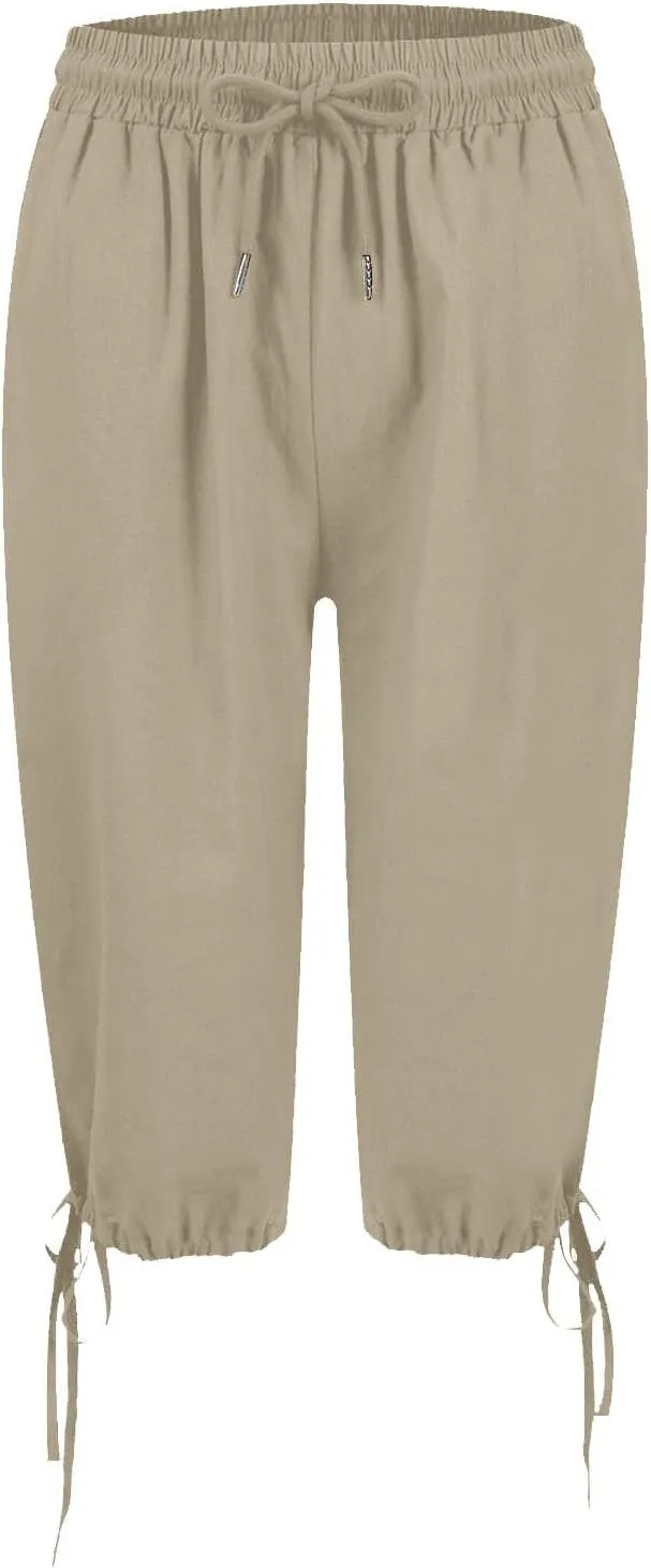 Womens Bermuda Shorts Cotton Linen Knee Length Elastic Waist Drawstring Capris Loose Beach Shorts with Pockets