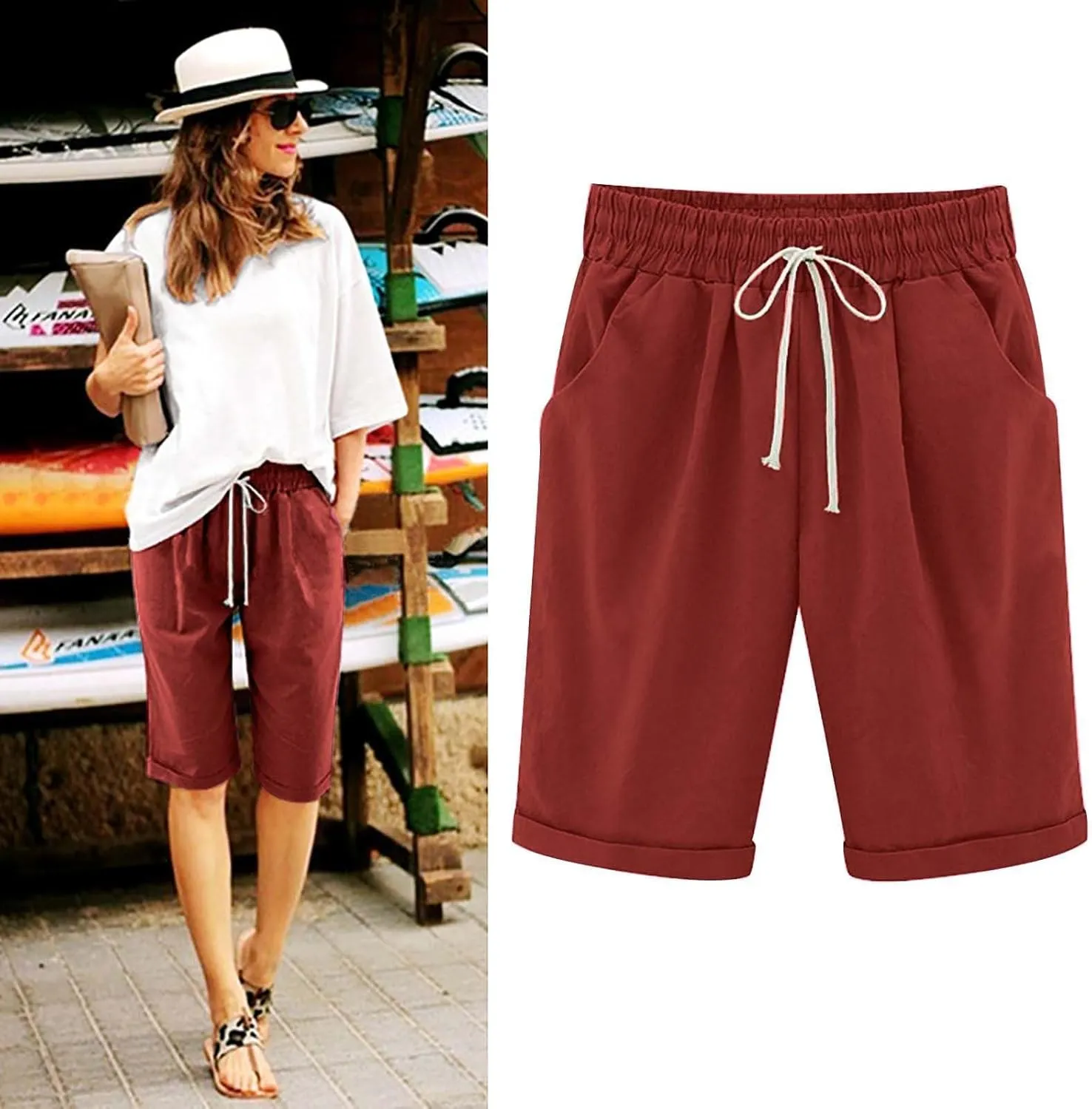 Womens Bermuda Shorts Summer Linen Knee Length Wide Leg Shorts Baggy Comfy High Waist Solid Short Pants with Pockets