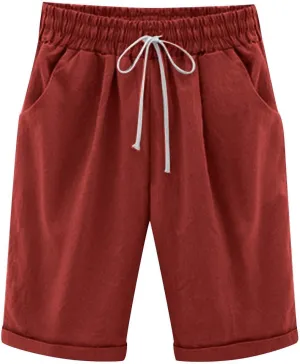 Womens Bermuda Shorts Summer Linen Knee Length Wide Leg Shorts Baggy Comfy High Waist Solid Short Pants with Pockets
