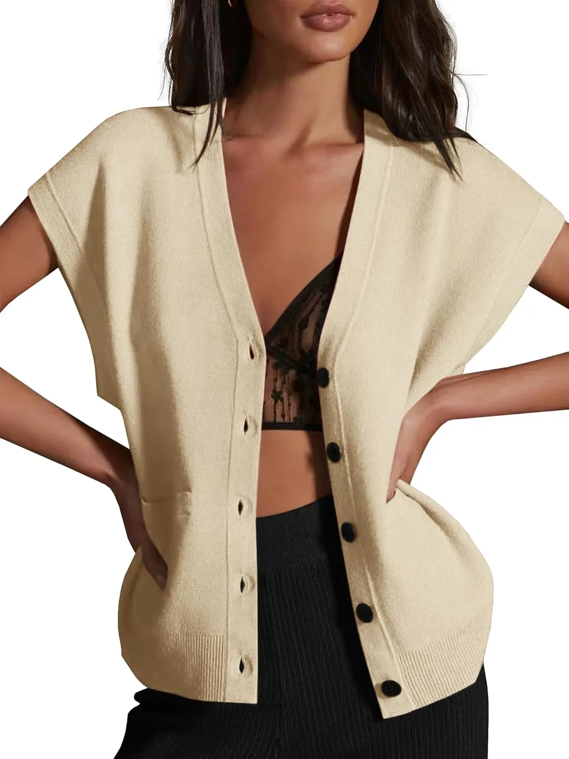 Womens Cardigan Sweater Vest Lightweight V Neck Button Down Cap Sleeve Knit Tops Loose Sleeveless 2025 Spring Outfits