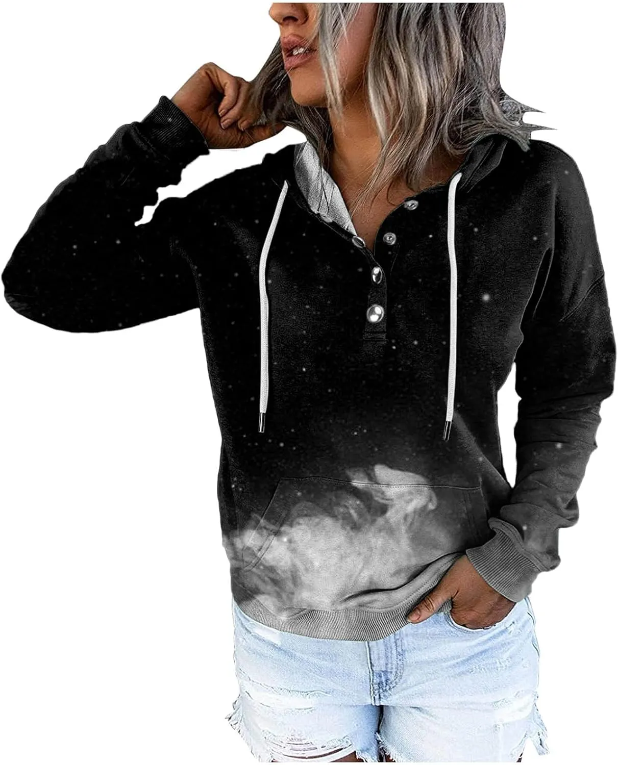 Women's Casual Long Sleeve Hoodies Color Block Button Down Hooded Drawstring Pullover Sweatshirt Tops with Pocket