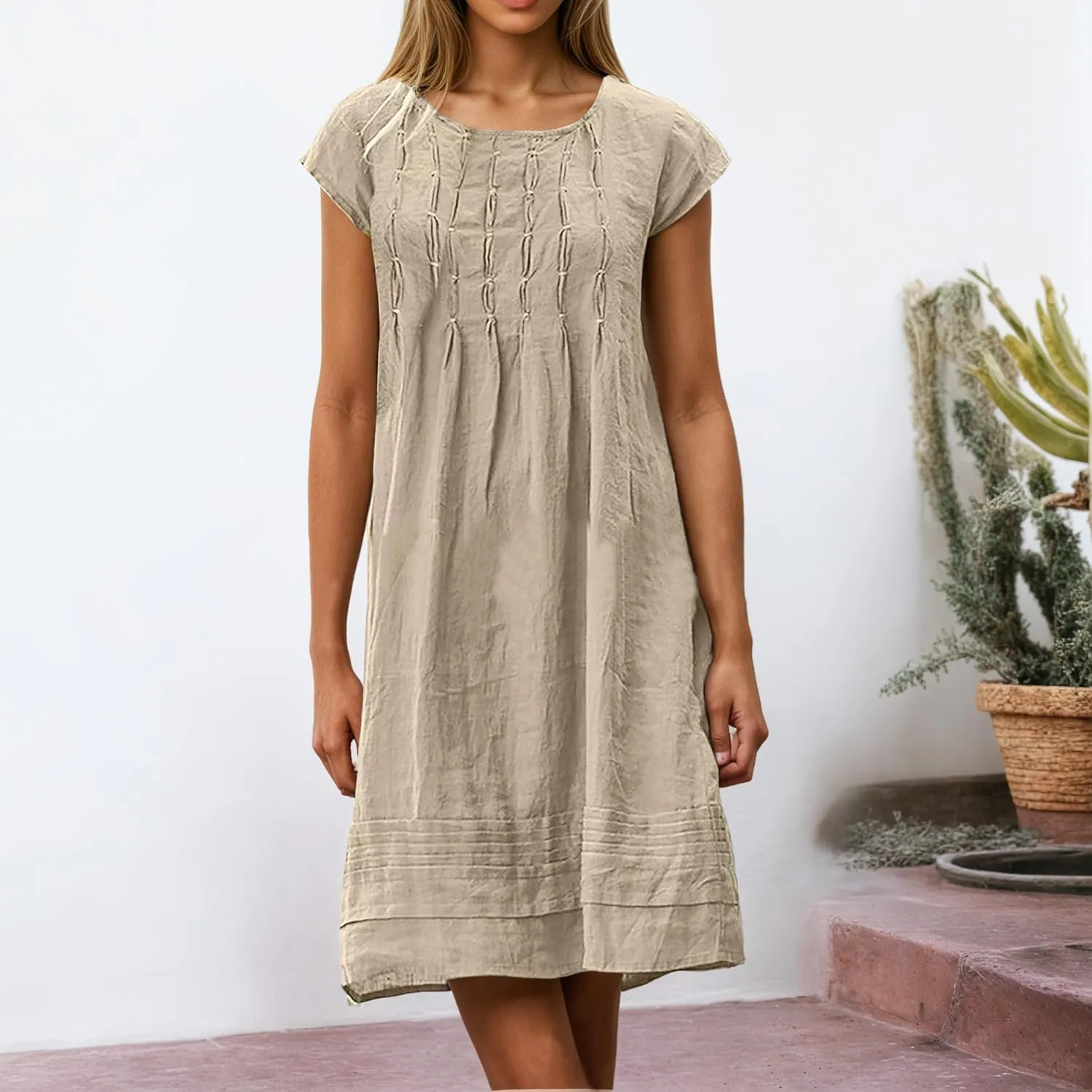 Women's Cotten Linen Summer Shirt Dress Casual Cap Sleeve Crewneck Pleated A Line Swing Beach Midi Sundress