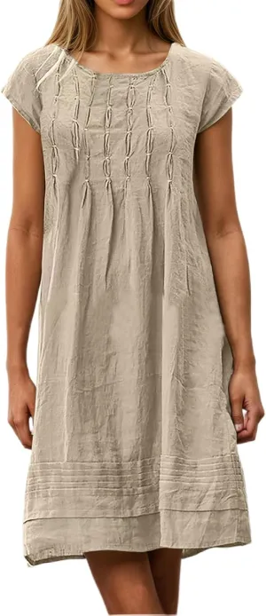 Women's Cotten Linen Summer Shirt Dress Casual Cap Sleeve Crewneck Pleated A Line Swing Beach Midi Sundress