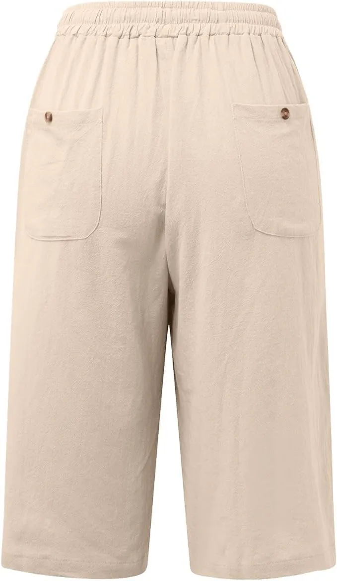 Women's Cotton Linen Bermuda Shorts Summer Casual Solid Color Drawstring Elastic Waisted Shorts Trendy Pockets