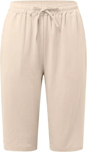 Women's Cotton Linen Bermuda Shorts Summer Casual Solid Color Drawstring Elastic Waisted Shorts Trendy Pockets