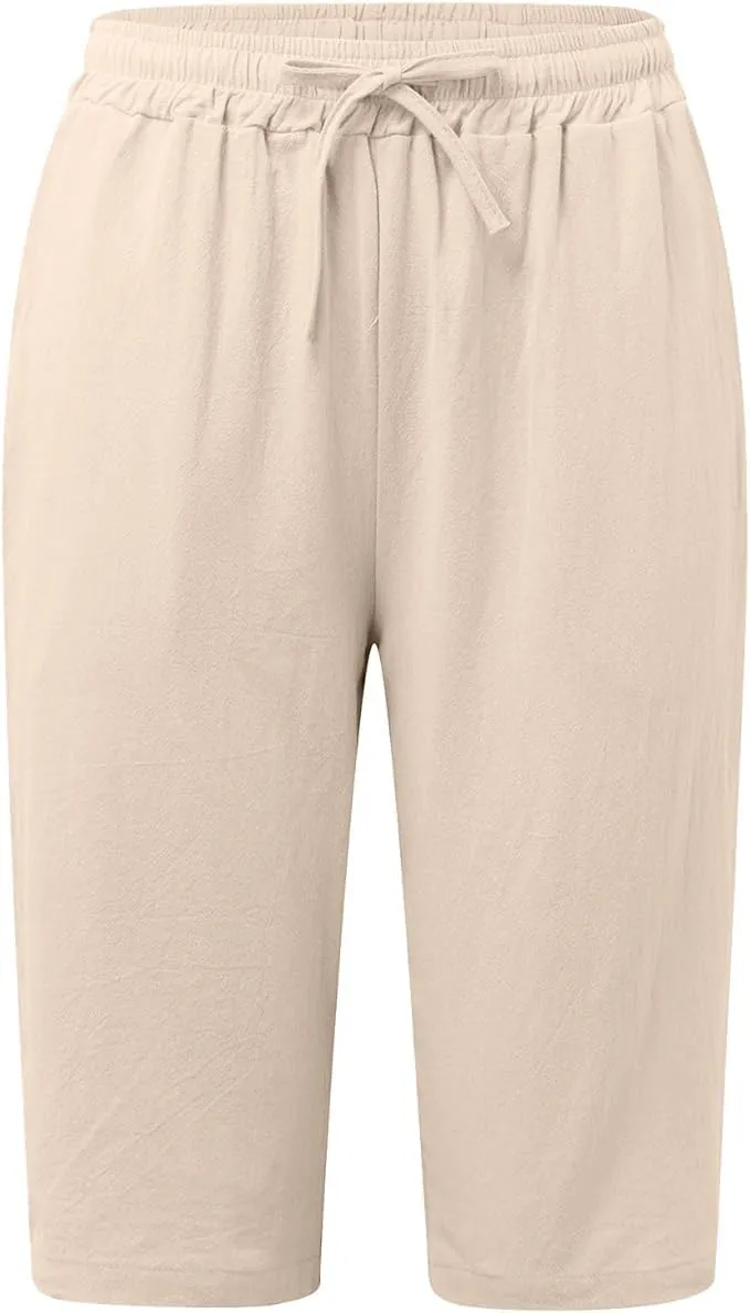 Women's Cotton Linen Bermuda Shorts Summer Casual Solid Color Drawstring Elastic Waisted Shorts Trendy Pockets