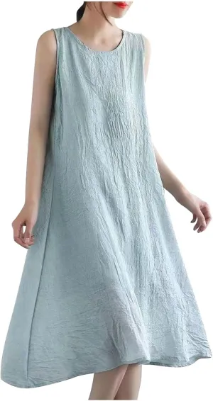 Womens Cotton Linen Crewneck Tank Dress Trendy Comfy Sleeveless Loose Midi Dresses Summer Plus Size Beach Sundress