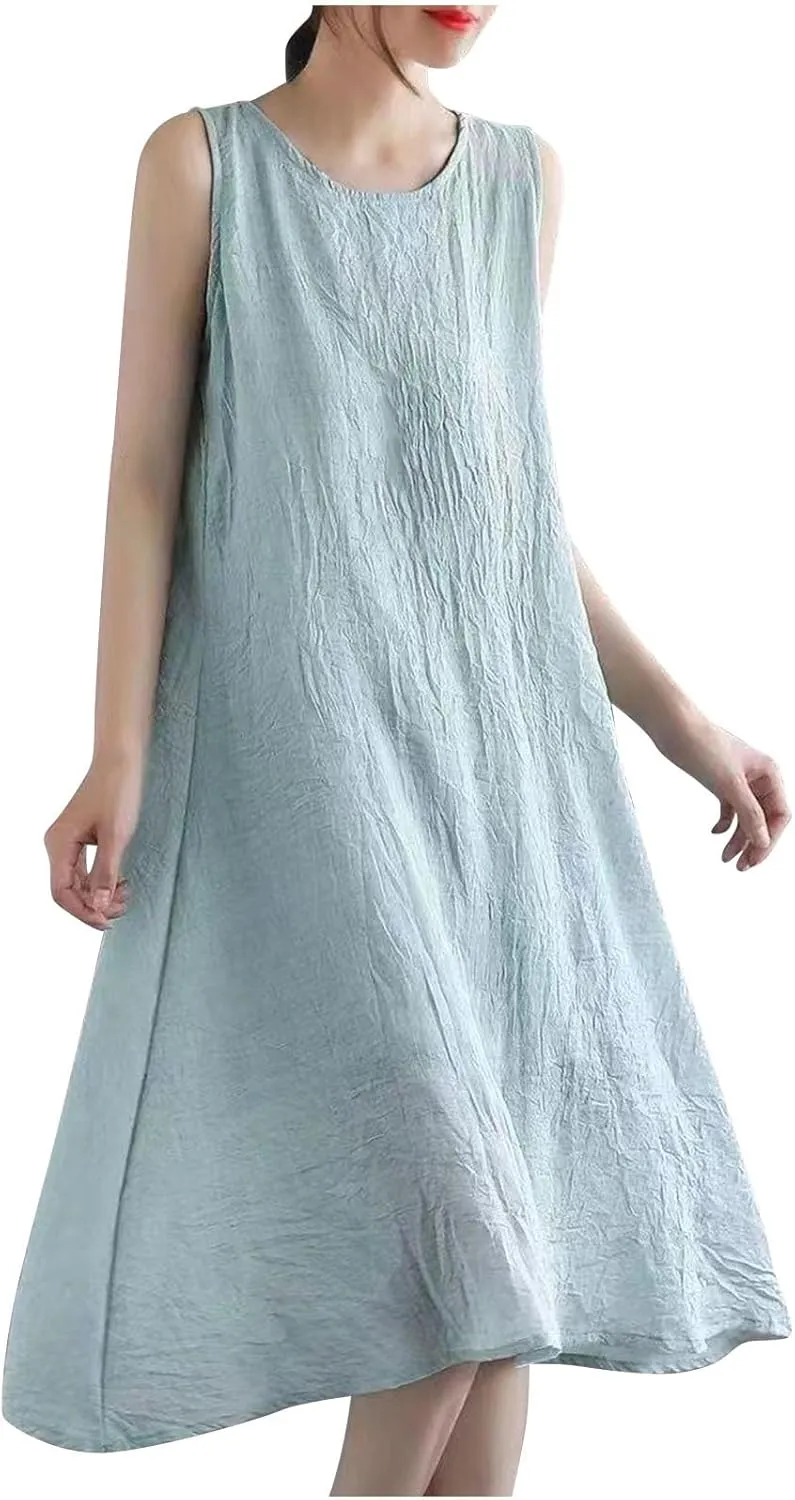 Womens Cotton Linen Crewneck Tank Dress Trendy Comfy Sleeveless Loose Midi Dresses Summer Plus Size Beach Sundress