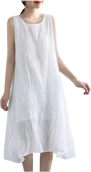 Womens Cotton Linen Crewneck Tank Dress Trendy Comfy Sleeveless Loose Midi Dresses Summer Plus Size Beach Sundress