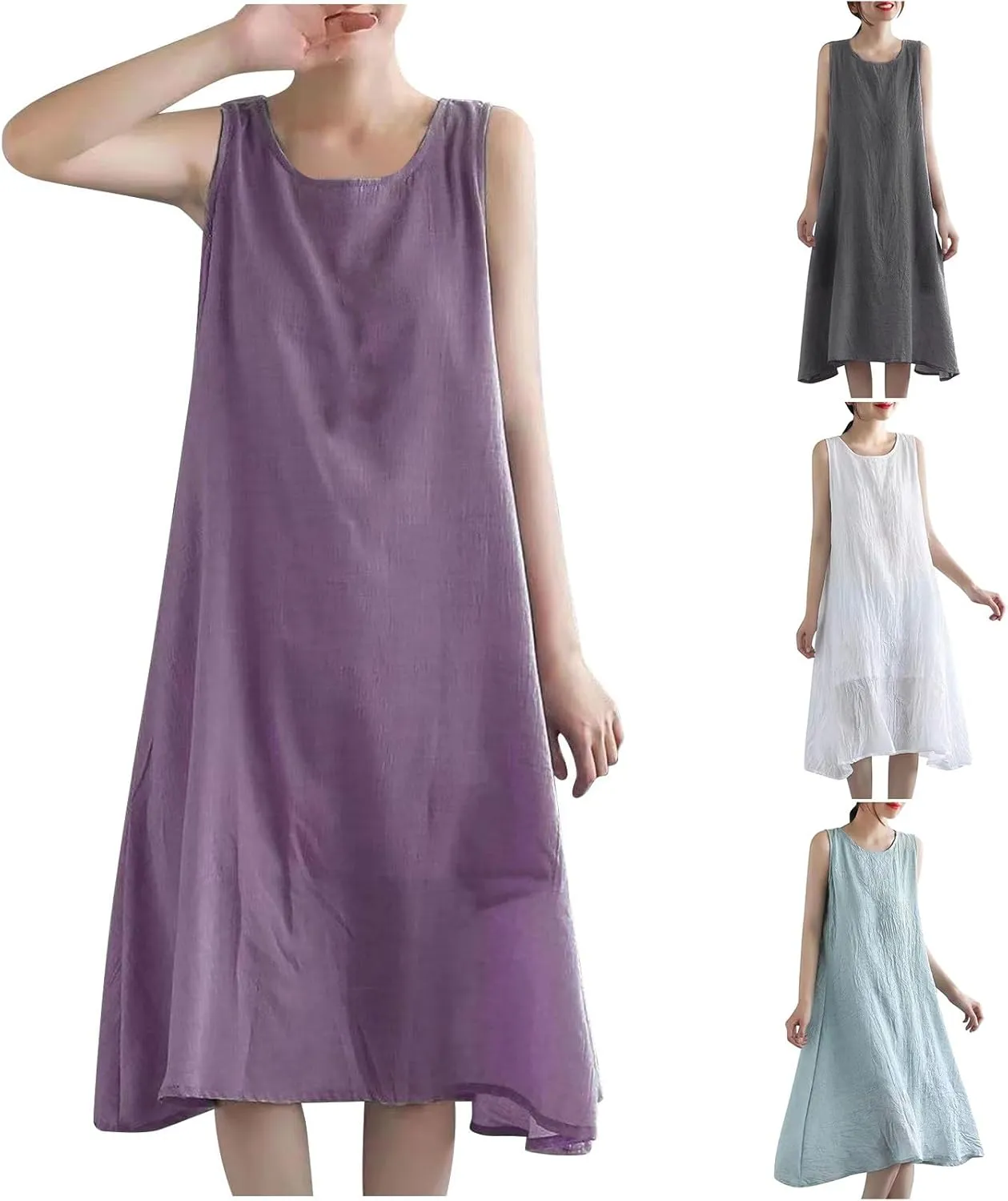 Womens Cotton Linen Crewneck Tank Dress Trendy Comfy Sleeveless Loose Midi Dresses Summer Plus Size Beach Sundress
