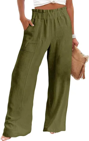 Womens Cotton Linen Palazoo Pants Elastic High Waisted Wide Leg Casual Trousers Summer Trendy Comfy Travel Pant with Pocket