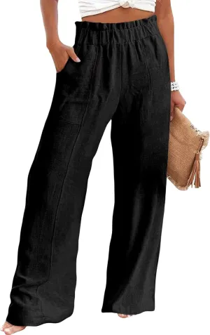 Womens Cotton Linen Palazoo Pants Elastic High Waisted Wide Leg Casual Trousers Summer Trendy Comfy Travel Pant with Pocket