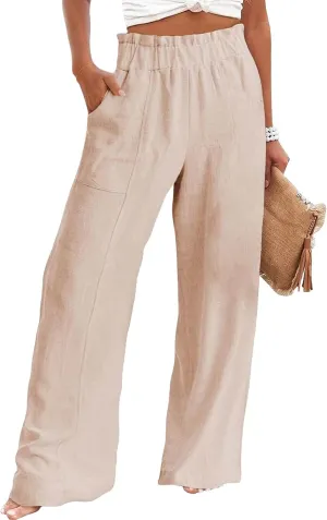 Womens Cotton Linen Palazoo Pants Elastic High Waisted Wide Leg Casual Trousers Summer Trendy Comfy Travel Pant with Pocket