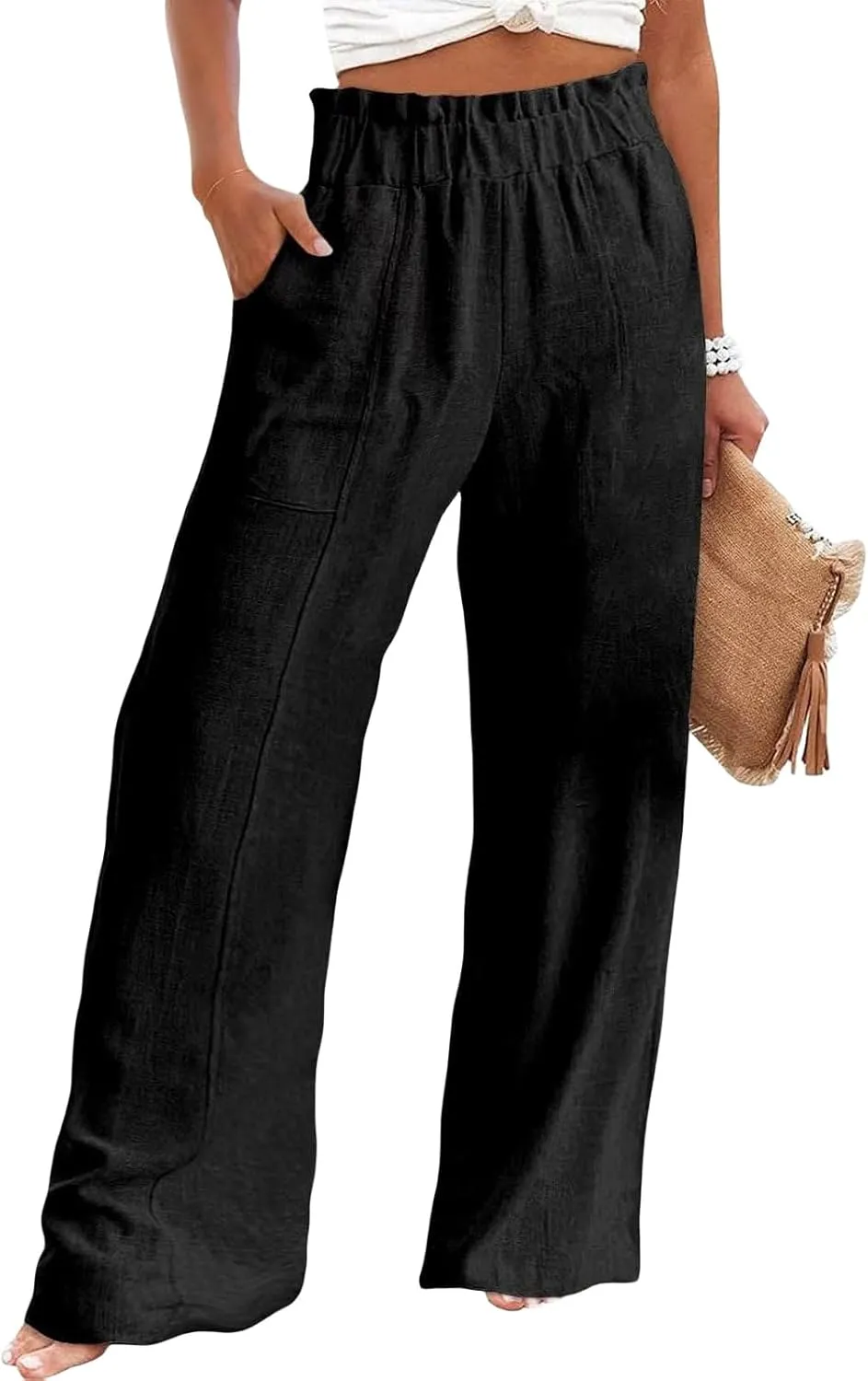 Womens Cotton Linen Palazoo Pants Elastic High Waisted Wide Leg Casual Trousers Summer Trendy Comfy Travel Pant with Pocket