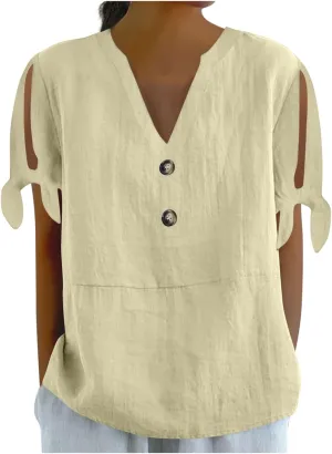 Women's Cotton Linen Shirt Fashion Belted Short Sleeve Tops Summer Loose Button Blouses Beach Vacation Clothes 2025