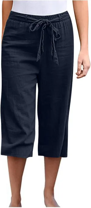 Women's Cotton Linen Summer Casual Palazzo Lounge Pants Low Waist Baggy Stretchy Slim-Fit Pants Vacation