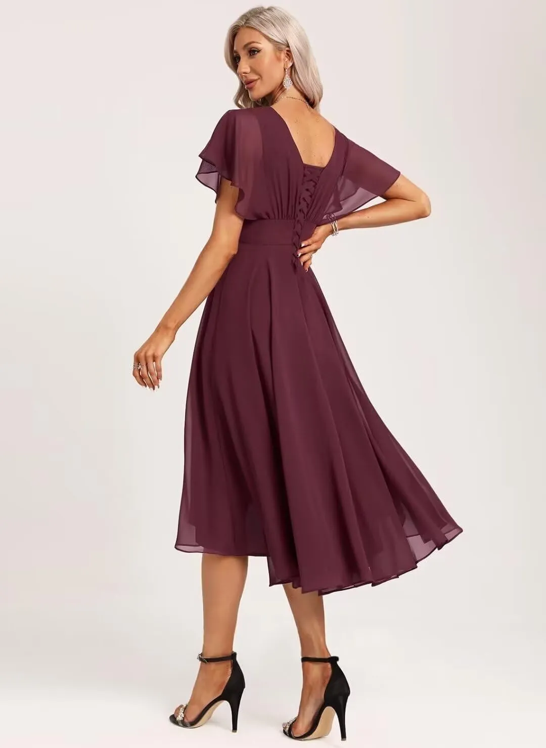 Women's Crew Neck Short Bridesmaid Dresses Summer Chiffon Ruffle Sleeve Smocked Midi Formal Dress